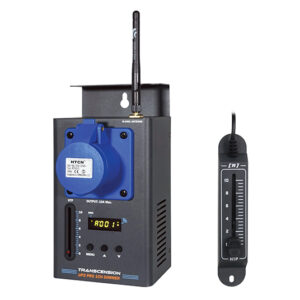 Stage lighting dimmer with a blue plug-in socket and a vertical antenna, plus a separate vertical dimmer control on the side (remote/slider).