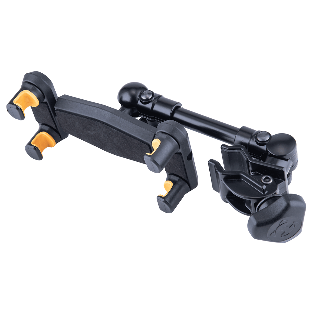 Black adjustable action-camera mount with orange adjustment tabs, designed to attach to a rod or bike handlebar