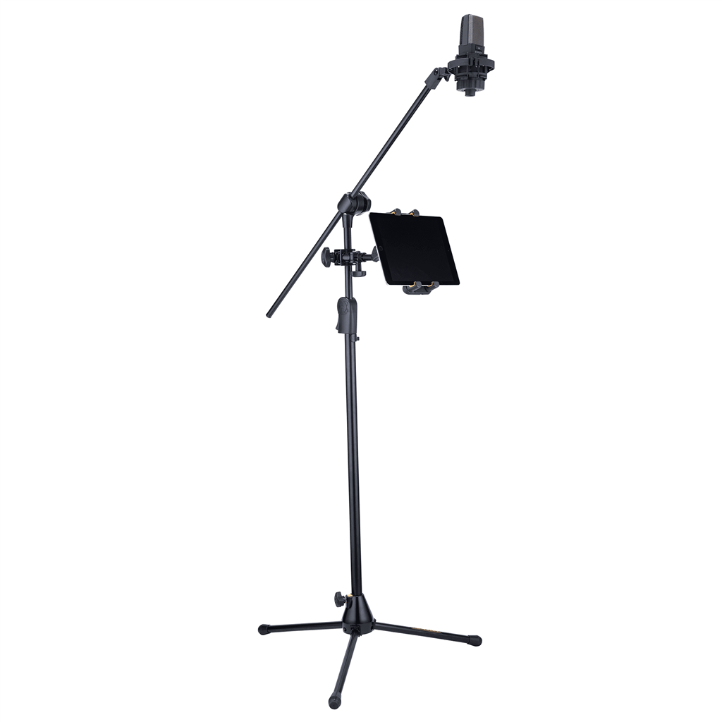 Adjustable microphone stand with boom arm and tablet holder for recording setup.